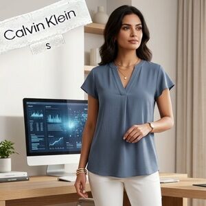 CALVIN KLEIN Women’s Slate Blue Short Flutter Sleeve V-Neck Blouse Size Small S